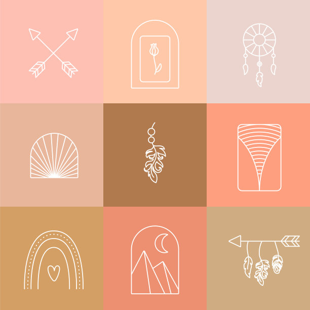 波西米亚标志集合。彩虹和追梦人。越过箭头和山脉。向量股票插图图片下载