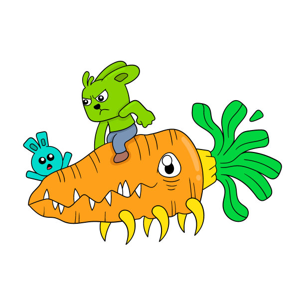 好斗的兔子骑着胡萝卜怪兽，涂鸦图标形象可爱图片下载