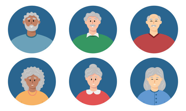 高级人化身。老年人图标。不同成熟男人和女人的笑脸。老年人圆形肖像集。白头发的角色。图片下载
