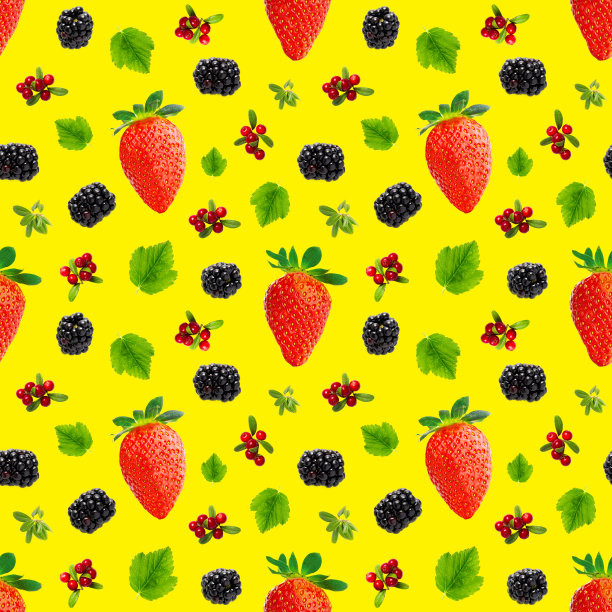 掉落的浆果无缝图案孤立在黄色背景上，不同的飞行森林浆果。图片下载