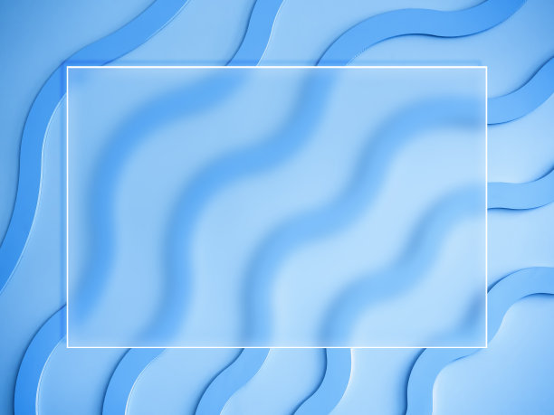 一个透明的玻璃方形边框上的蓝色波浪，曲线粗线条。贺卡的模板，为字母或海报的夏天横幅。图片下载