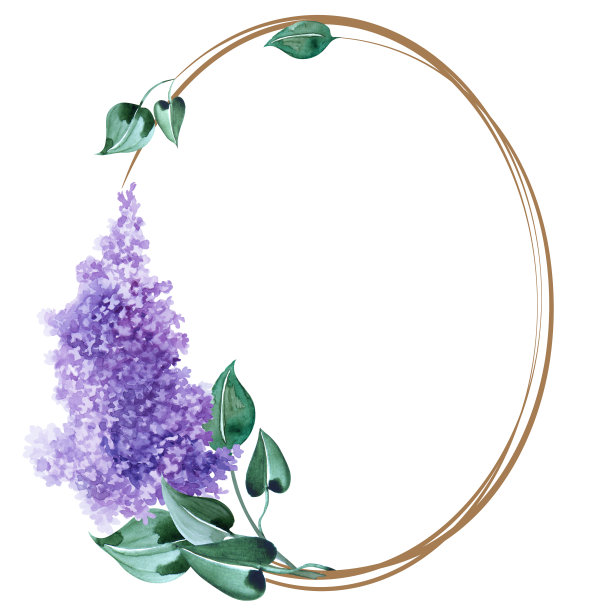 椭圆形框架与丁香花和叶子，孤立在白色背景。水彩手绘。副本的空间。图片下载
