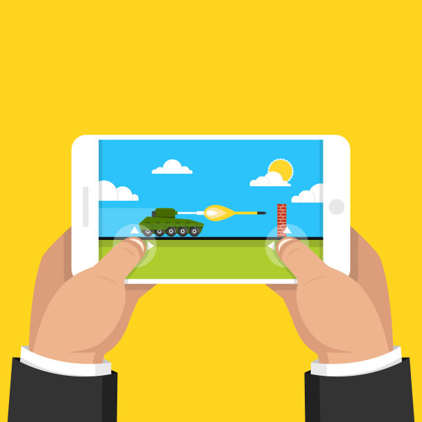 男人拿着智能手机玩坦克游戏。手机游戏的概念。平的卡通风格。矢量插图。图片下载