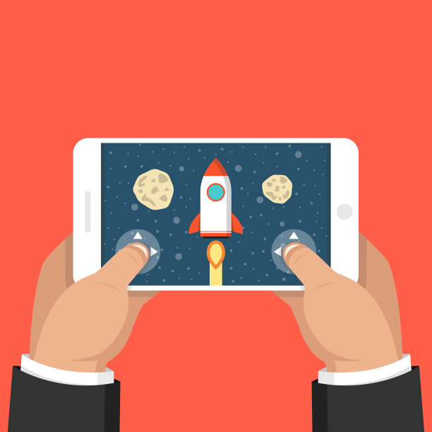 男人拿着智能手机玩火箭游戏。手机游戏的概念。平的卡通风格。矢量插图。图片下载