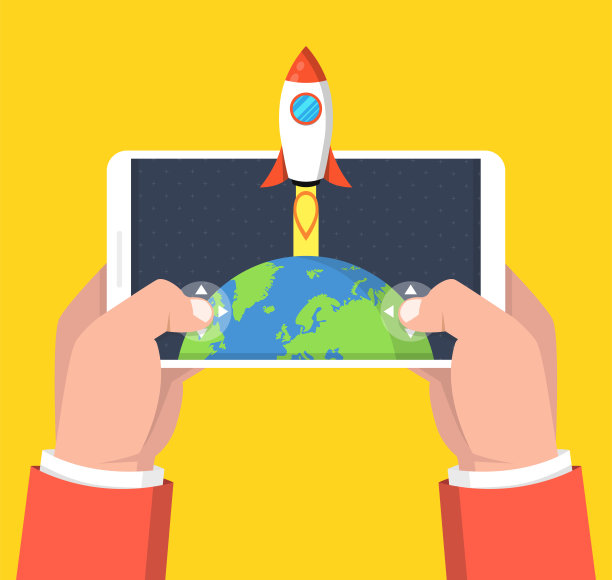 男人拿着智能手机玩火箭游戏。手机游戏的概念。平的卡通风格。矢量插图。图片下载