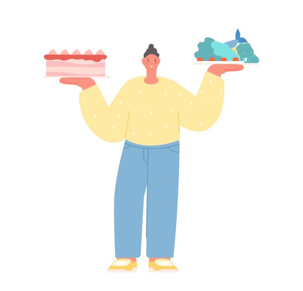 健康食品vs不健康食品。新鲜蔬菜、鱼或蛋糕。做出选择，营养生活方式。有益和危险的膳食身体载体概念图片下载