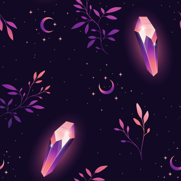 美丽的无缝图案与魔法紫色晶体。图片下载