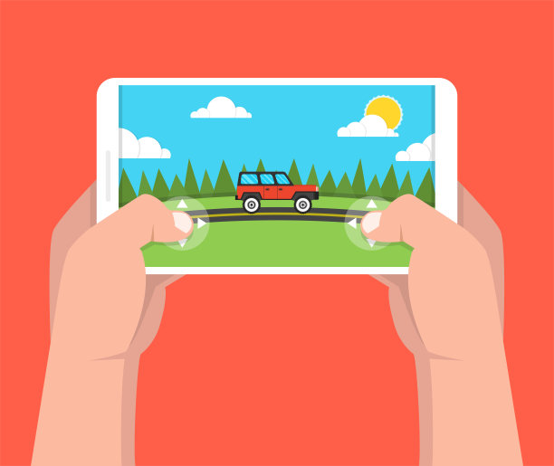 男子手持智能手机，玩赛车游戏。手机游戏的概念。平的卡通风格。矢量插图。图片下载