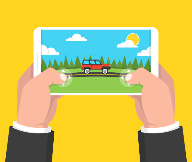 男子手持智能手机，玩赛车游戏。手机游戏的概念。平的卡通风格。矢量插图。图片下载