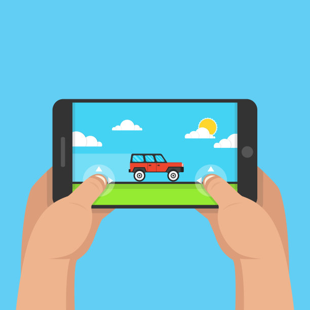 男子手持智能手机，玩赛车游戏。手机游戏的概念。平的卡通风格。矢量插图。图片下载