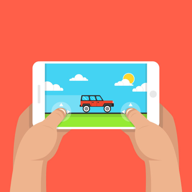 男子手持智能手机，玩赛车游戏。手机游戏的概念。平的卡通风格。矢量插图。图片下载