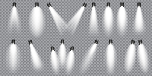 照明工作室聚光灯集合。明亮的光束。透明的现实效果。舞台灯光。发光的光线。矢量图图片下载