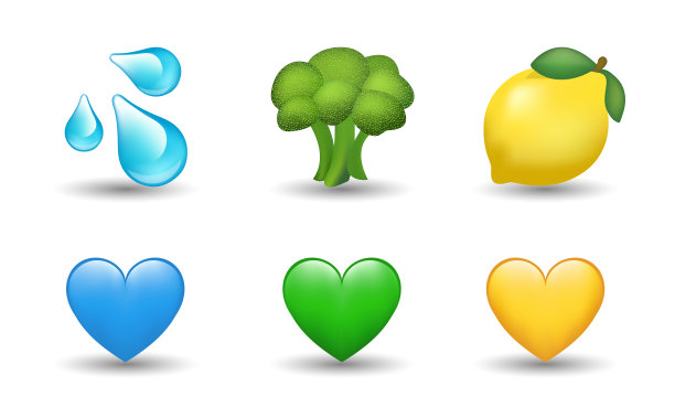 蓝色，黄色和绿色心，水滴，柠檬，花椰菜矢量表情符号插图图片下载