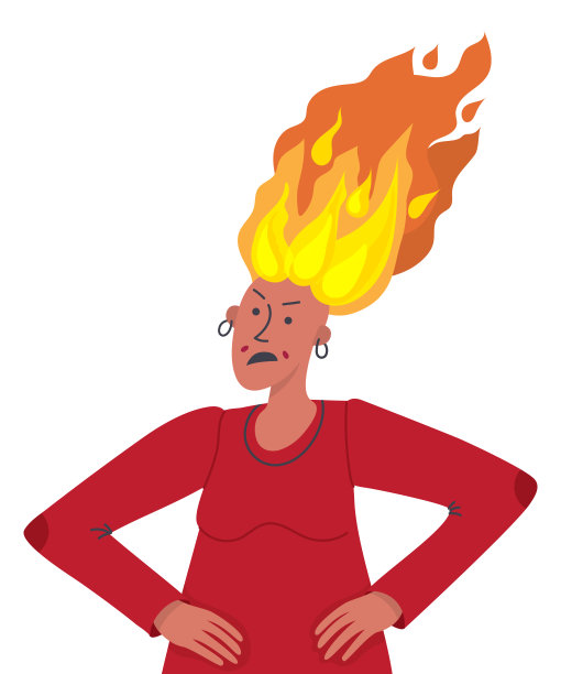年轻愤怒的女人，头上有火。愤怒的女孩。负面情绪。坏心情。图片下载