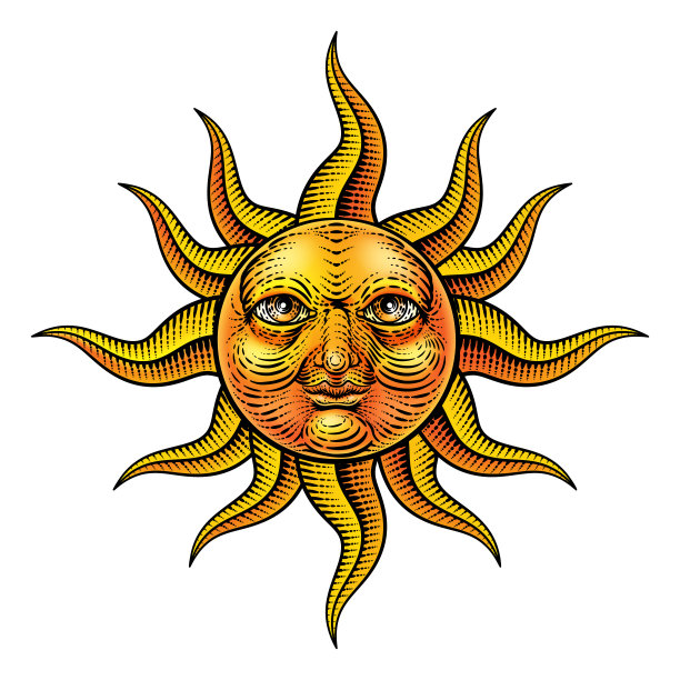 太阳脸木刻绘画复古版画图片下载