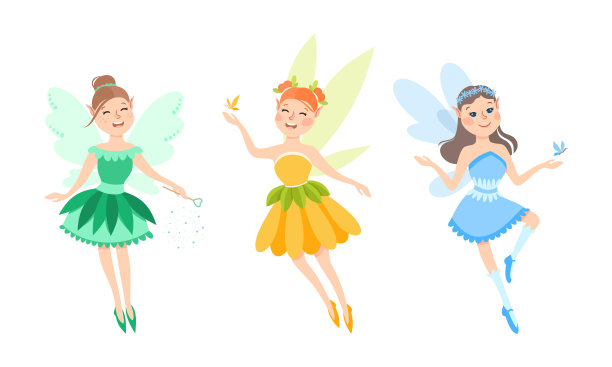 一套快乐的小女孩精灵在彩色的衣服与翅膀矢量插图图片下载