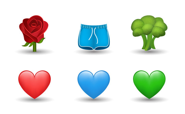 蓝色，红色和绿色的心，花椰菜，短裤，红玫瑰矢量表情符号插图图片下载