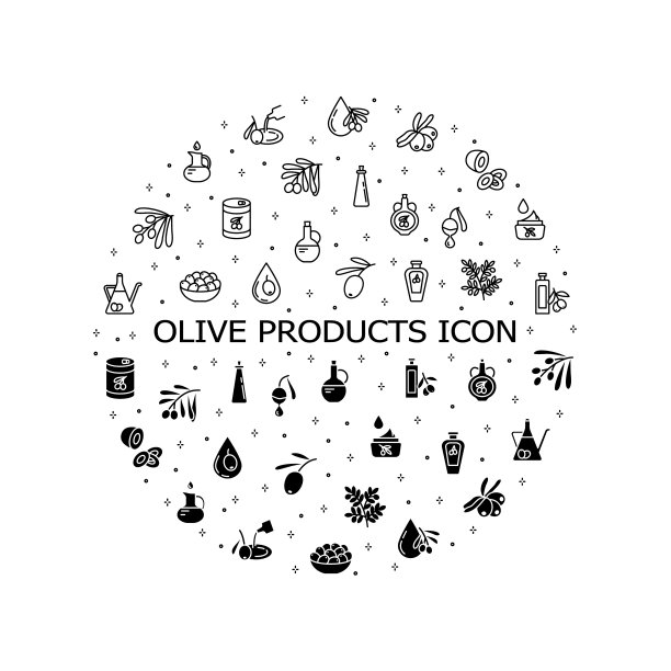 橄榄产品平线图标设置。新鲜的树胎和橄榄油装在瓶子和罐子里。简单的平面矢量插图网站或移动应用程序图片下载