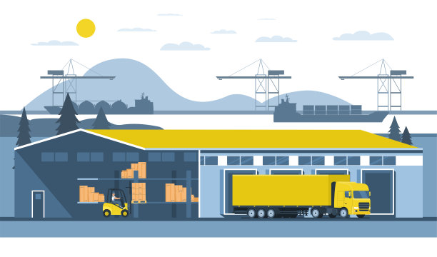 仓库配备叉车和卡车。矢量插图。图片下载