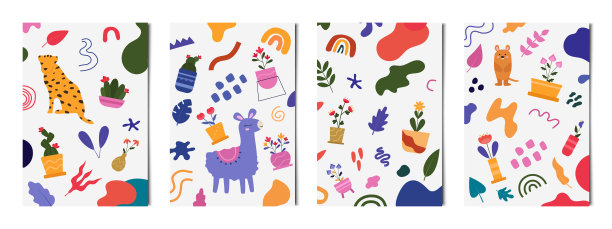 一套4个人的抽象背景海报广告，名片和横幅-向量图片下载