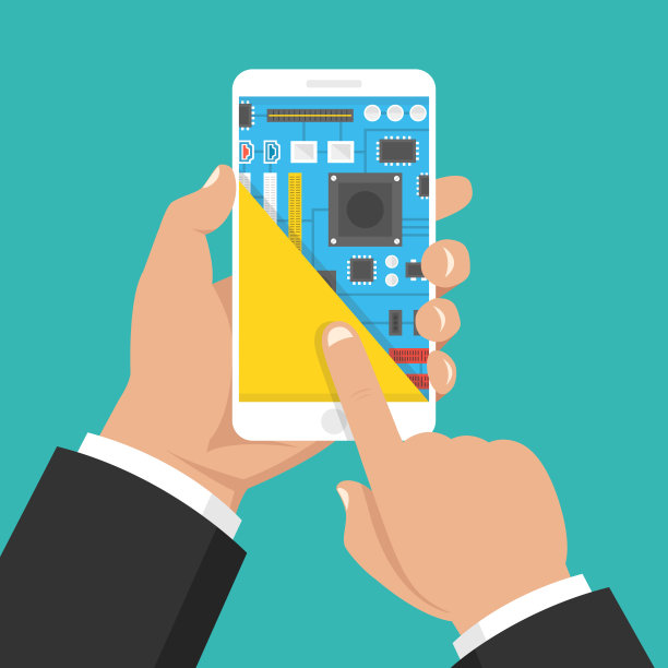 手机维修，电脑服务。手持智能手机与主板在屏幕的部分。平的卡通风格。矢量插图。图片下载