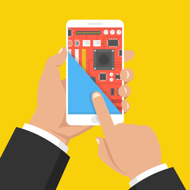 手机维修，电脑服务。手持智能手机与主板在屏幕的部分。平的卡通风格。矢量插图。图片下载