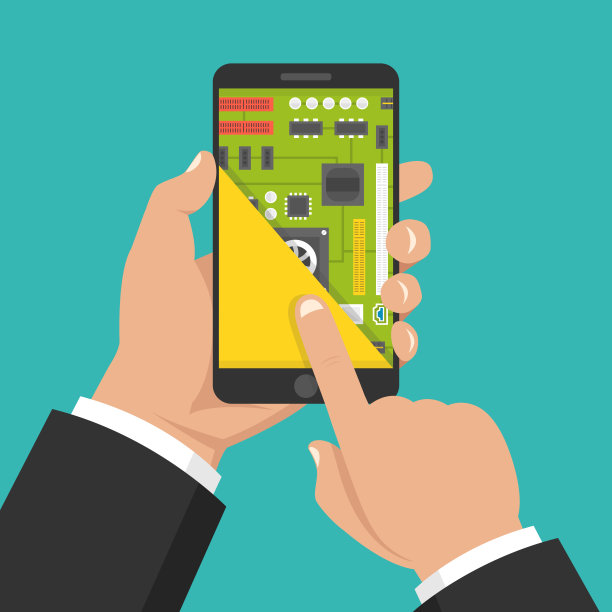 手机维修，电脑服务。手持智能手机与主板在屏幕的部分。平的卡通风格。矢量插图。图片下载