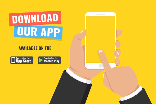 手机app下载页面。手持智能手机和触摸屏。平面向量插图。图片下载