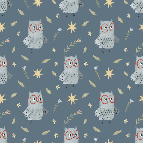 水彩无缝图案可爱的猫头鹰，花，叶和星星。图片下载