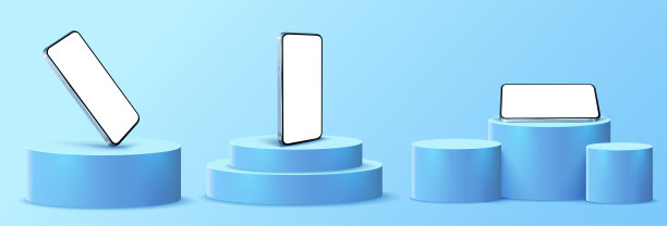 一个蓝色的手机在一个圆柱形的平台上，孤立在蓝色的背景上。股票向量图片下载