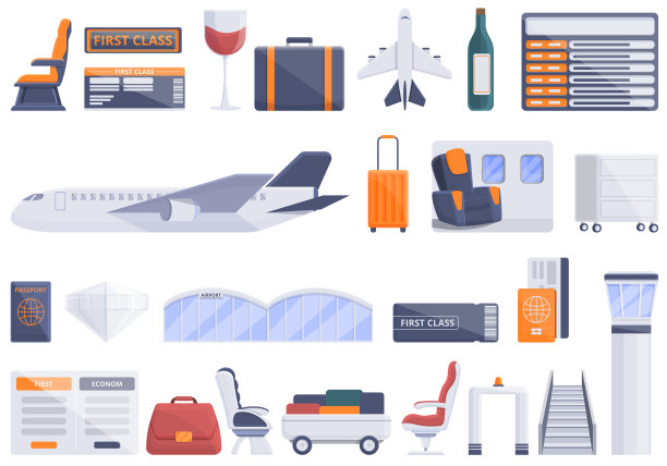 头等舱旅游图标集，卡通风格图片下载