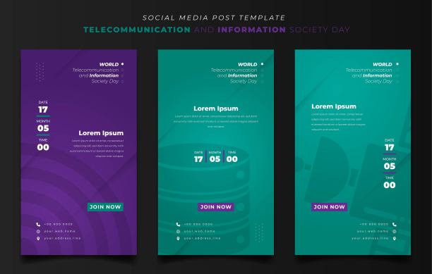 社交媒体模板电信和信息在绿色和紫色肖像背景图片下载