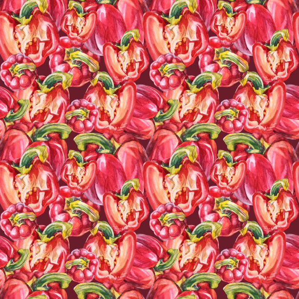 无缝图案背景与水彩红灯笼椒。手绘的甜食蔬菜烹饪书菜单。艺术创意辣椒粉咖啡馆厨房。墙纸包装速写本卡片图片下载