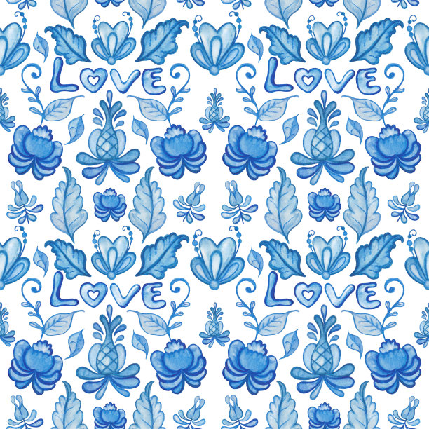 水彩图案gzhel。蓝色铭文的爱。民族民间图案，叶、花在白底上。植物主题设计。空白用于织物、印刷品图片下载
