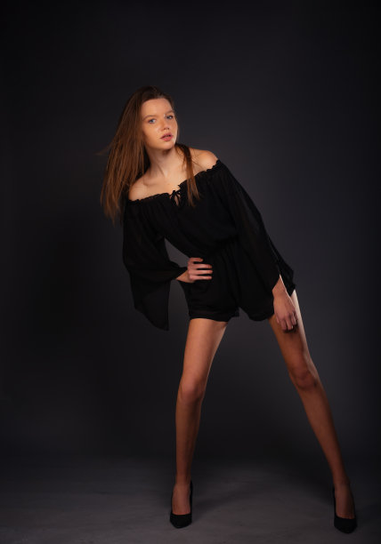 一个优雅的女人穿着黑色短裙的时尚肖像。图片下载
