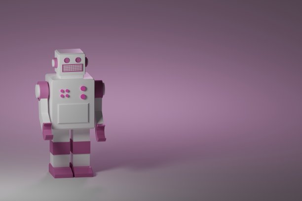 灰粉色复古方块机器人与按钮的背景3d插图图片下载