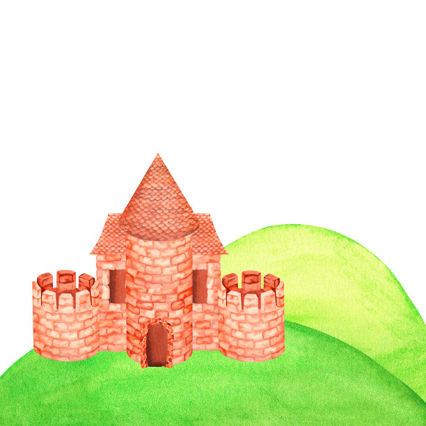 山上的城堡。水彩插图。孤立在一个白色的背景。设计图片下载