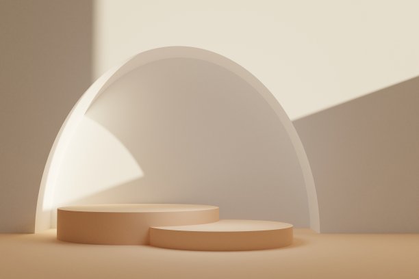 米色几何平台与拱形和阳光背景3d插图图片下载