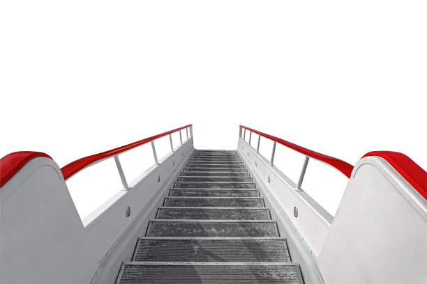 长楼梯是透视向下的台阶。白色的舷梯与红色扶手隔离在白色背景上图片下载