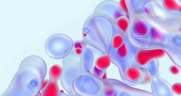 抽象艺术的三维渲染三维背景与部分超现实的生物细胞有机体在圆形曲线波浪形线形式与小红色球体内核和蓝色透明塑料组织周围图片下载