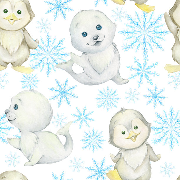 可爱的企鹅，海豹，雪花。极地，北方的动物，在一个孤立的背景，卡通风格。水彩无缝模式图片下载