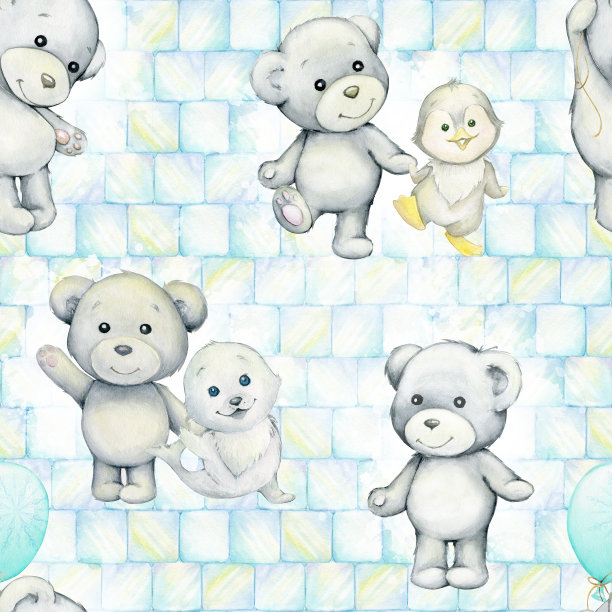 白熊，企鹅，海豹。水彩无缝图案，在冰块的背景上。图片下载