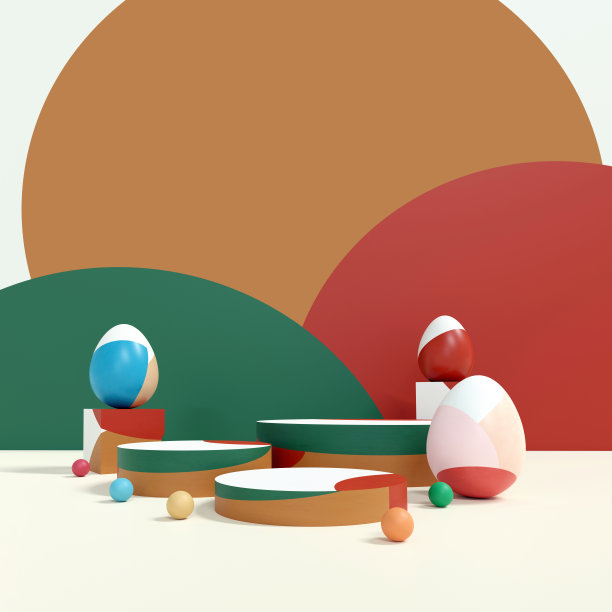五彩缤纷的复活节彩蛋和金球在讲台的背景。复活节概念场景舞台展示新产品，促销销售，横幅，展示，化妆品。三维演示素材图片