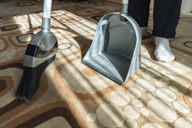 清洗。用扫帚把地板上的垃圾清理干净。用刷子在簸箕里扫去灰尘和污垢。在家用扫帚扫地毯。室内清洁工具。图片下载