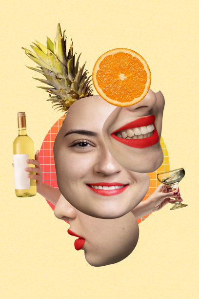 创意设计。不同情绪的女性面孔被隔离在黄色背景上。派对时间图片下载