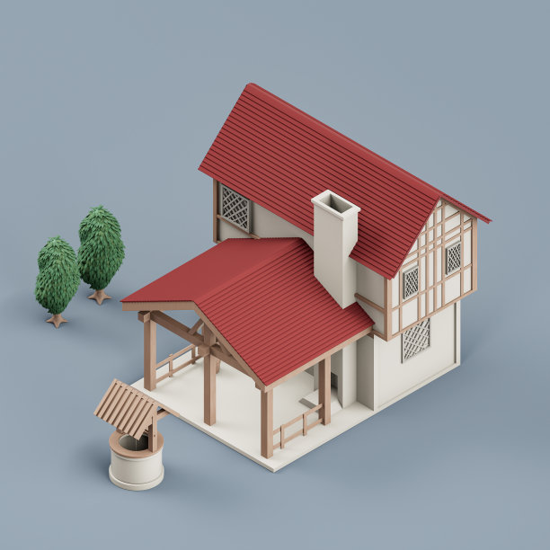 等距单村别墅与树木，微型房地产，白色和红色的房子，3d渲染，高分辨率图片下载