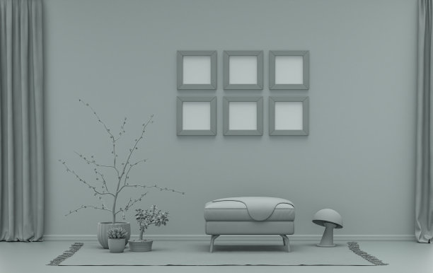 模拟海报画廊墙与6个框架在固体粉彩灰灰色房间家具和植物，3d渲染图片下载
