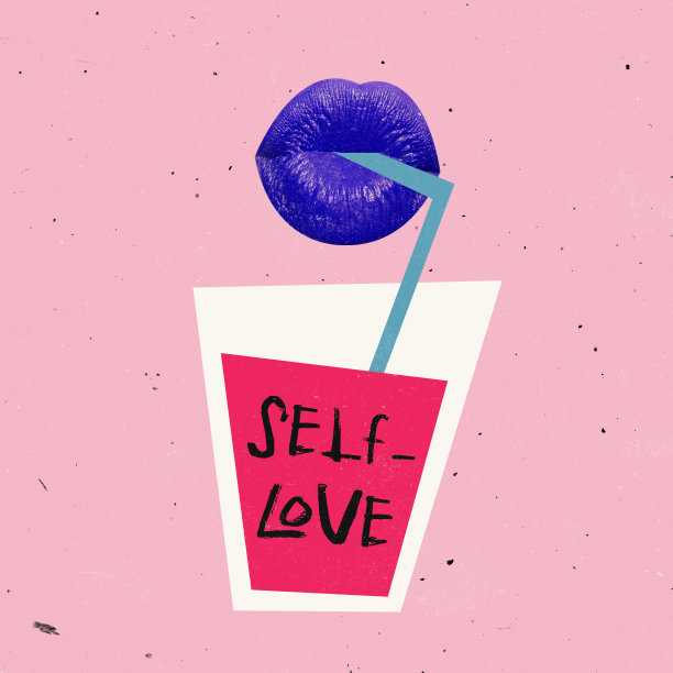 当代艺术拼贴。女性的嘴唇在紫色的唇膏喝鸡尾酒的自爱孤立在粉红色的背景图片下载