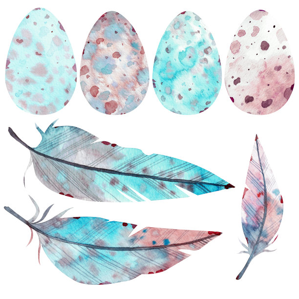 蓝色和粉红色的蛋和羽毛。复活节剪辑艺术。水彩插图。图片下载