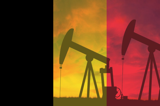 比利时石油工业概念，工业插画。比利时旗和油井、股票市场、交易所经济贸易、石油生产图片下载